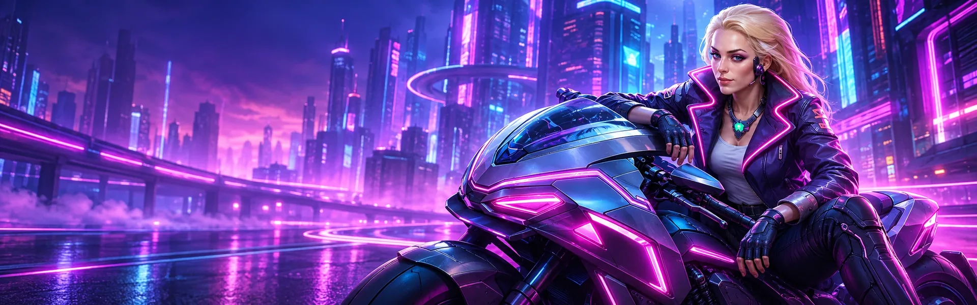 Roby rider and motorcycle in a neon-lit futuristic city